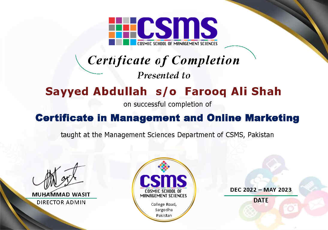 Certificate in Management and Online Marketing _ CSMS _ Sayyed Abdullah_Page1