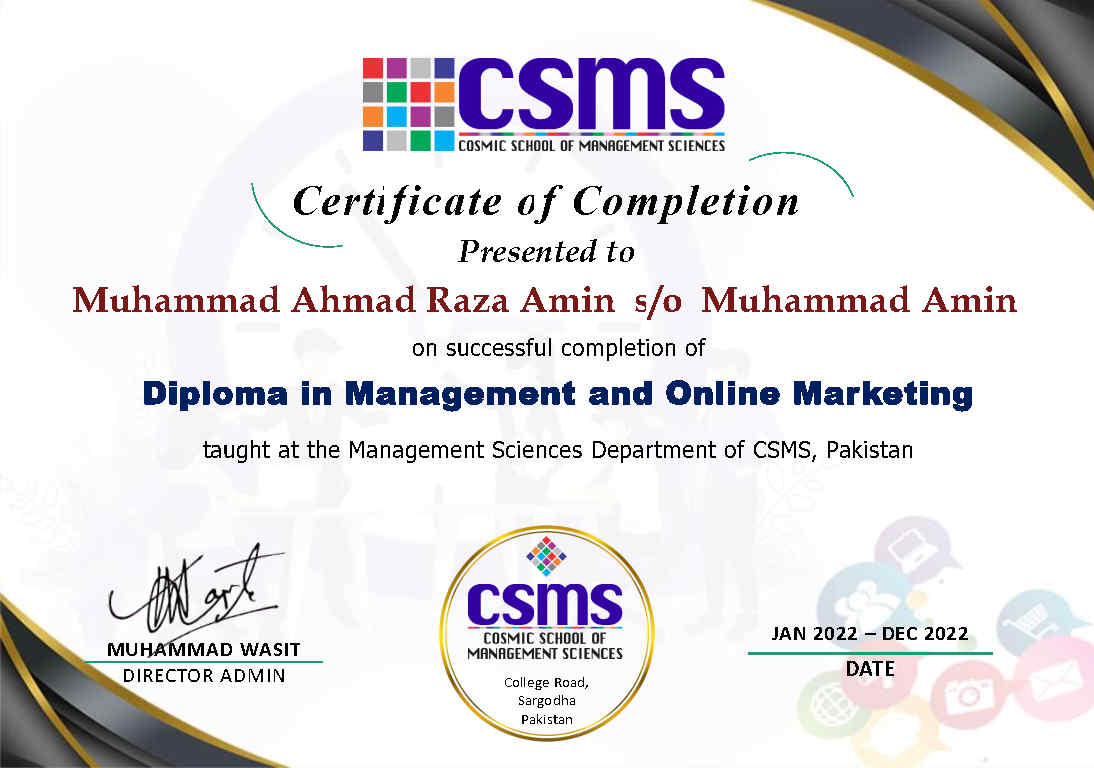 Diploma in Management and Online Marketing_ CSMS_ Muhammad Ahmad Raza Amin_Page1